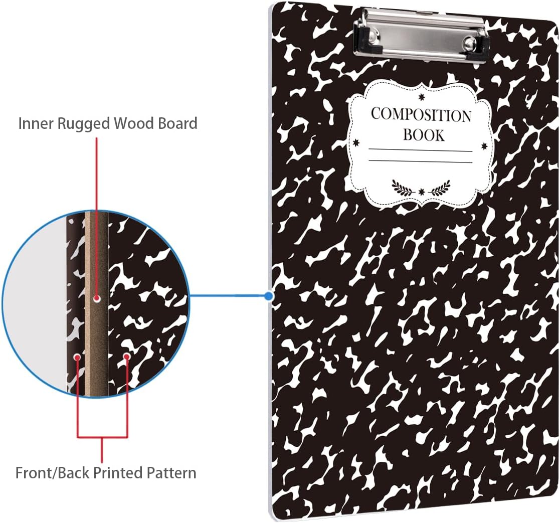 WAVEYU Fashion Cute Clipboard, Decorative Office Hardboard Wood Nursing Clip Board for Standard A4 Letter Size for Students, Women, Men, 12.5"x 9", Black+White02