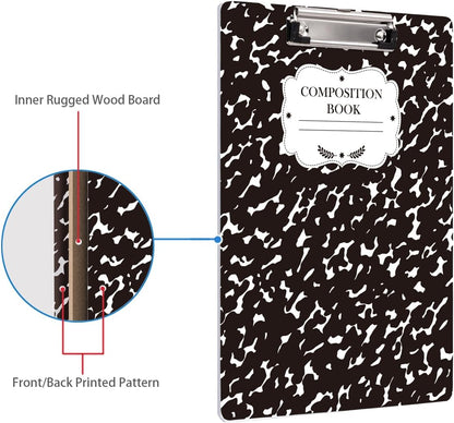 WAVEYU Fashion Cute Clipboard, Decorative Office Hardboard Wood Nursing Clip Board for Standard A4 Letter Size for Students, Women, Men, 12.5"x 9", Black+White02
