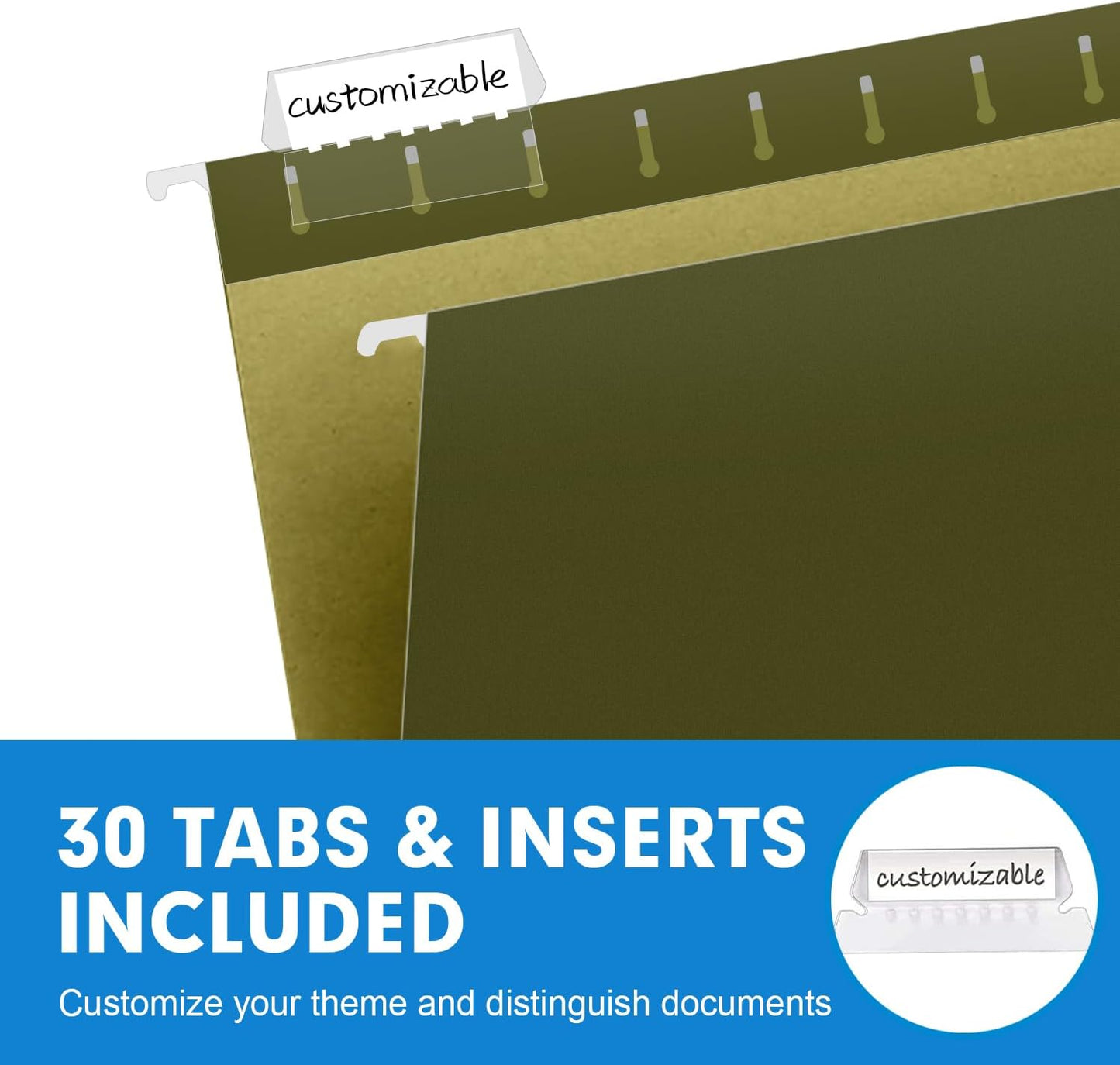 Hanging File Folders, RAZCC 30 Pack Letter Size Reinforced Hanging Folders with Heavy Duty 2 Inch Expansion for Bulky Files, Filing Cabinet, Adjustable Tabs, Green