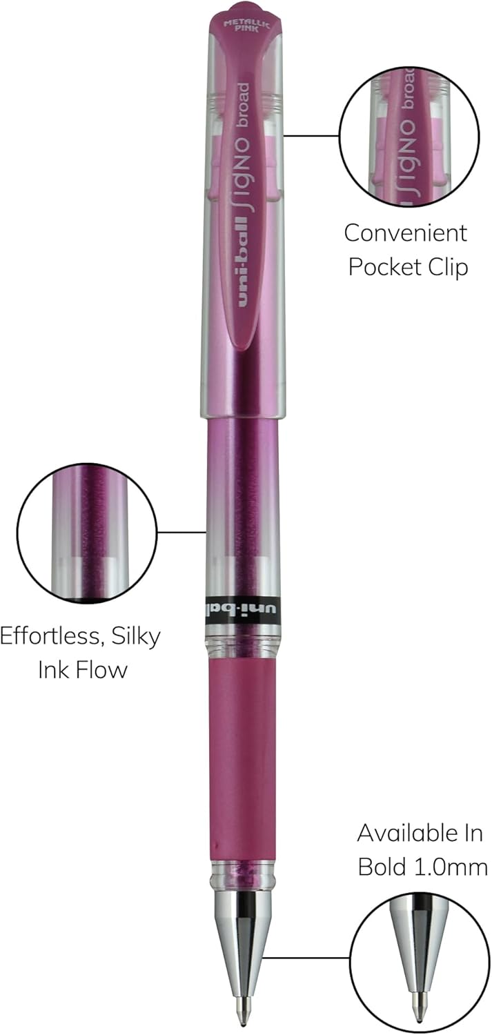 uniball Signo Gel Impact Pens, Bold Point (1.0mm), Metallic Pink Ink, 6 Pens