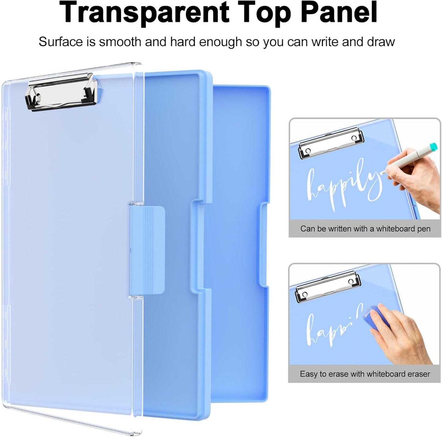 Piasoenc Clipboard with Storage, 8.5 x 11 Clip Boards with 2 Storage Case and A4 Paper Folder, Clear Dry Erase Top Panel, Heavy Duty Plastic, Folio & Side Opening, for Nurses, Teachers, Lawers,Black