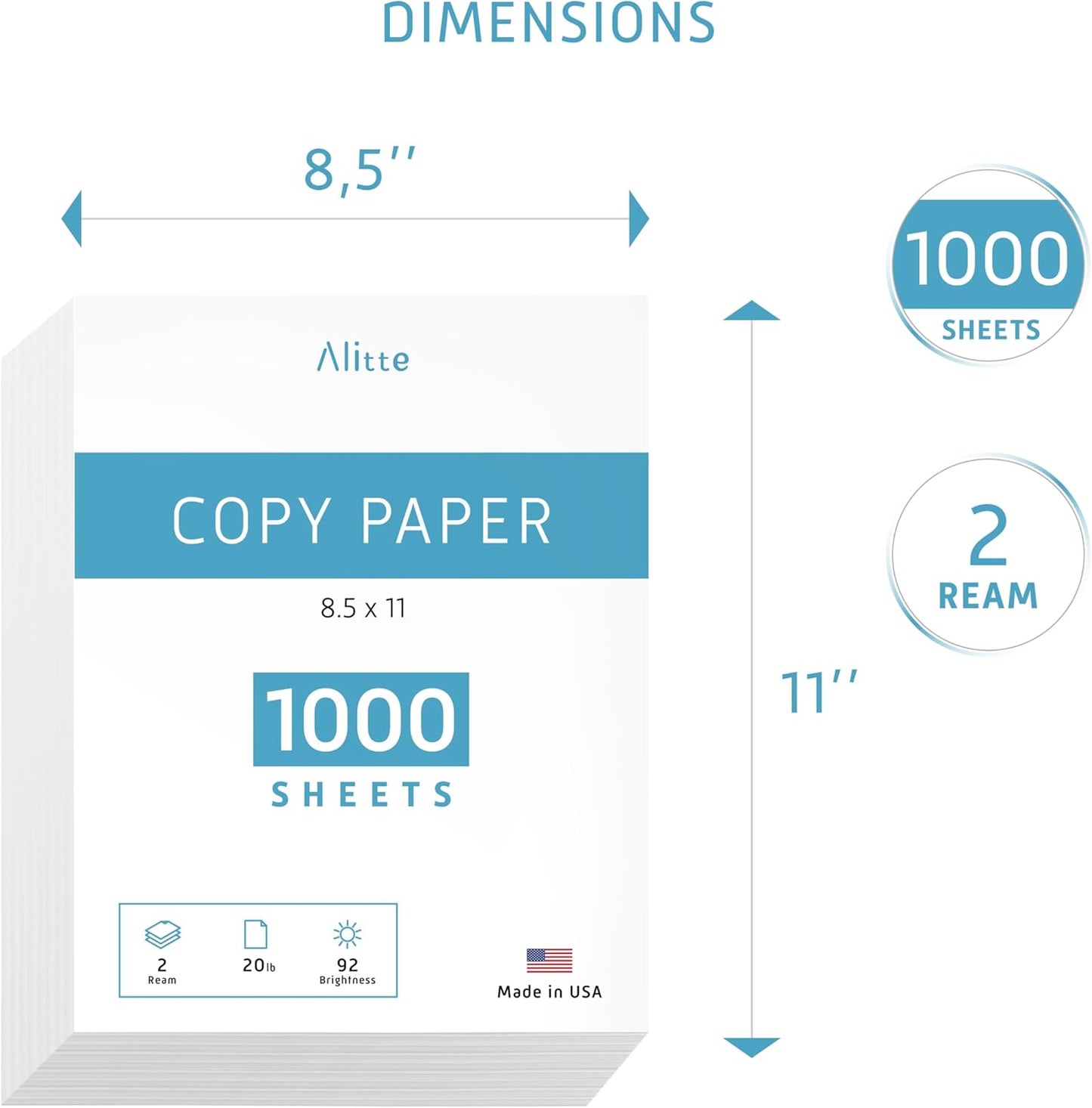 Printer Paper - 8.5 x 11 White Letter Size Copy Paper, 1 Ream 500 Sheets 20 lb Printing Paper for Documents Writing, Drawing, Smooth, 92 Bright | Home, School, Office Supplies | Made in USA