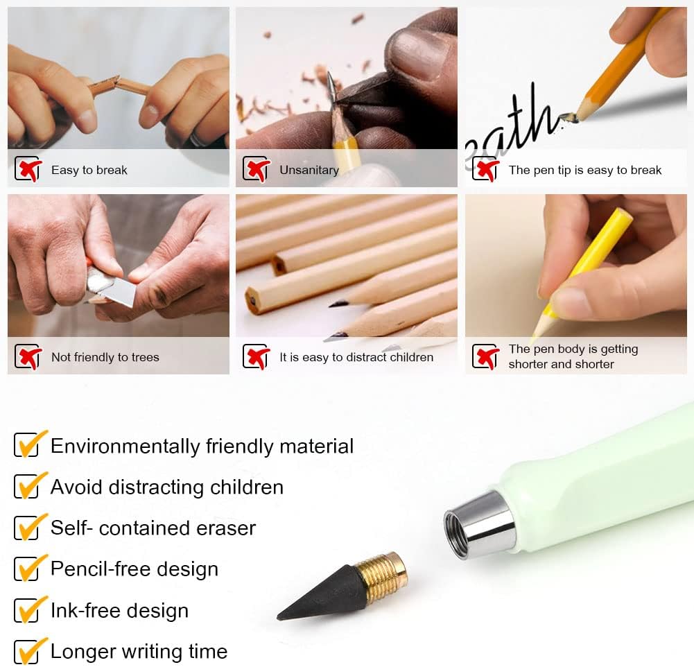 Ainiv Inkless Pencil with Eraser - 5 Sets Infinity Pencil, Reusable with Extra 5 Eraser & 5 Replaceable Nibs for Home, Office & School Writing, Drawing