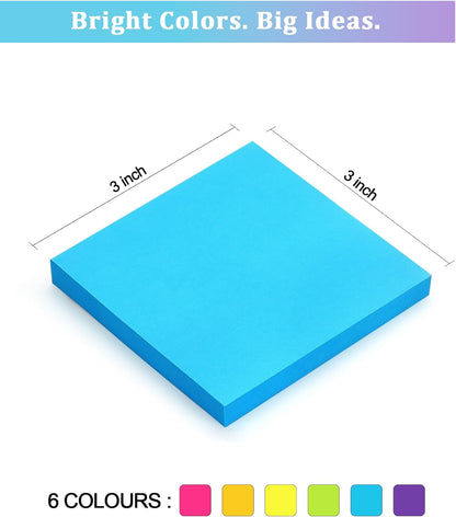 6 Pack Bright Color Sticky Notes 3x3 Inch, 100 Sheets/Pad 600 Total, Adhesive Memo Pads for Office School Home Organization