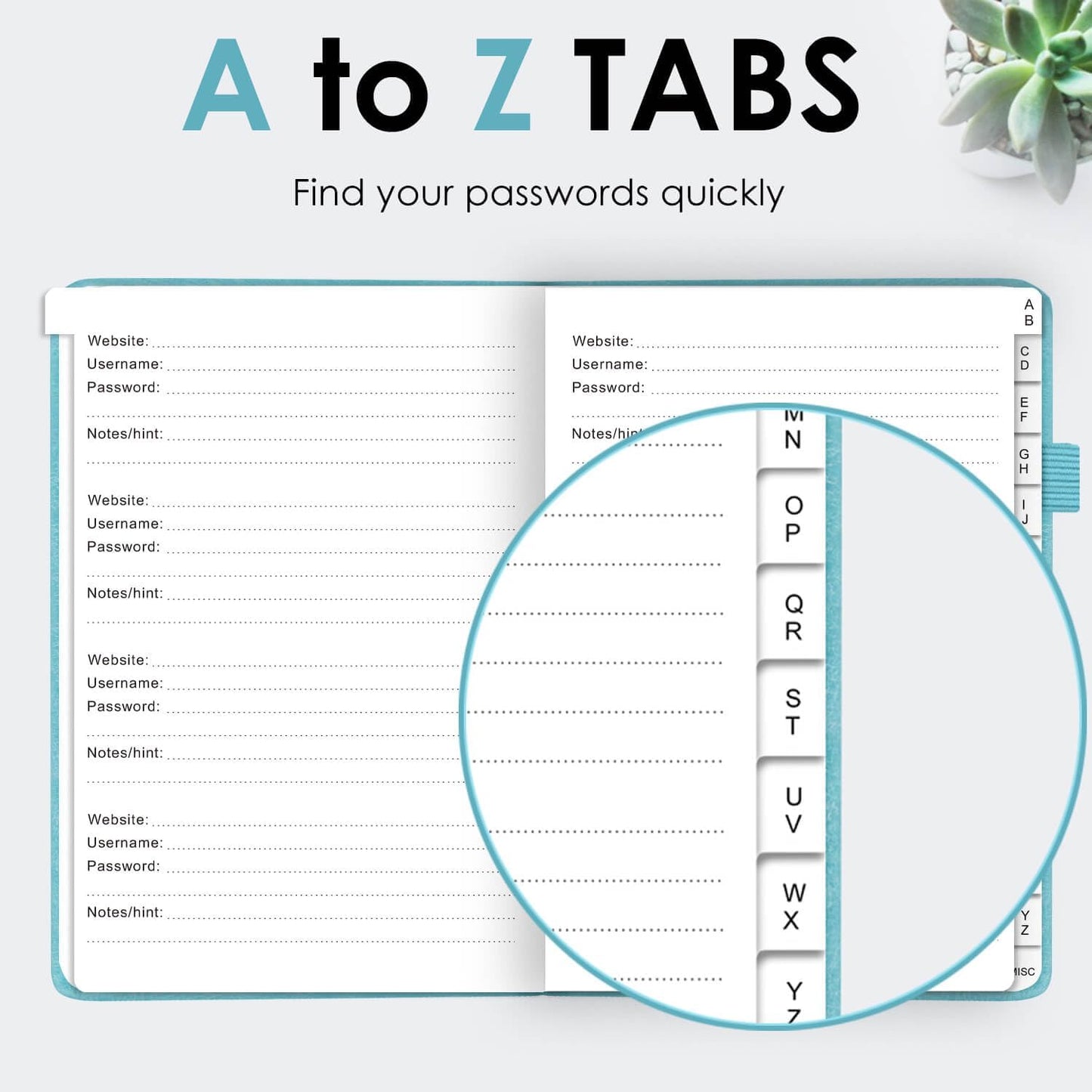 Elegant Password Book with Alphabetical Tabs - Hardcover Password Book for Internet Website Address Login - 5.2" x 7.6" Password Keeper and Organizer w/Notes Section & Back Pocket (Turquoise)