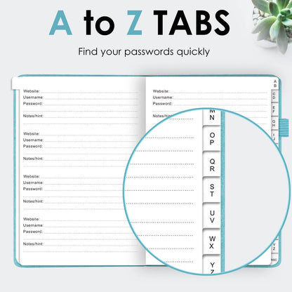 Elegant Password Book with Alphabetical Tabs - Hardcover Password Book for Internet Website Address Login - 5.2" x 7.6" Password Keeper and Organizer w/Notes Section & Back Pocket (Turquoise)