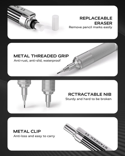 STAGEEK 0.7mm Mechanical Pencil with Metal Gift Case, 1PCS Metal Mechanical Pencil with 120Pcs HB Lead Refills,4B Erasers and 9PCS Eraser Refills, for Writing Drafting Drawing and Sketching(Gold)