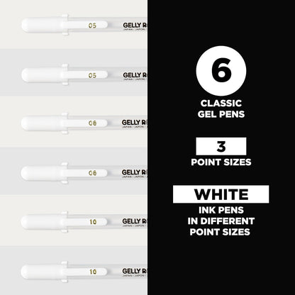 SAKURA Gelly Roll Classic Gel Pens, Opaque White Ink, Ass't Tips 05/08/10, 6 PK 57461