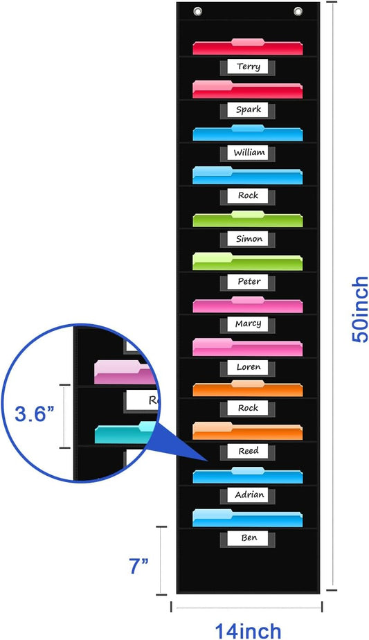 REGELETO 24 Pockets File Storage Pocket Chart with 24 Nametag Pockets, Hanging Wall File Organizer for Classroom and Office, Organize Your Assignments, Files, Scrapbooks, Paper (Black-24 pockets)