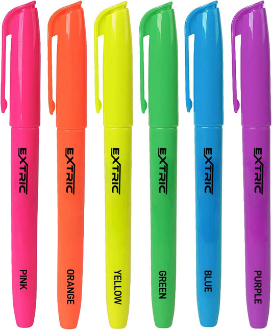 EXTRIC 6 Pack Highlighters, Fluorescent Assorted Colors, Quick Dry, Pen Style Chisel Tip highlighter marker, Smudge Free, Pocket Size