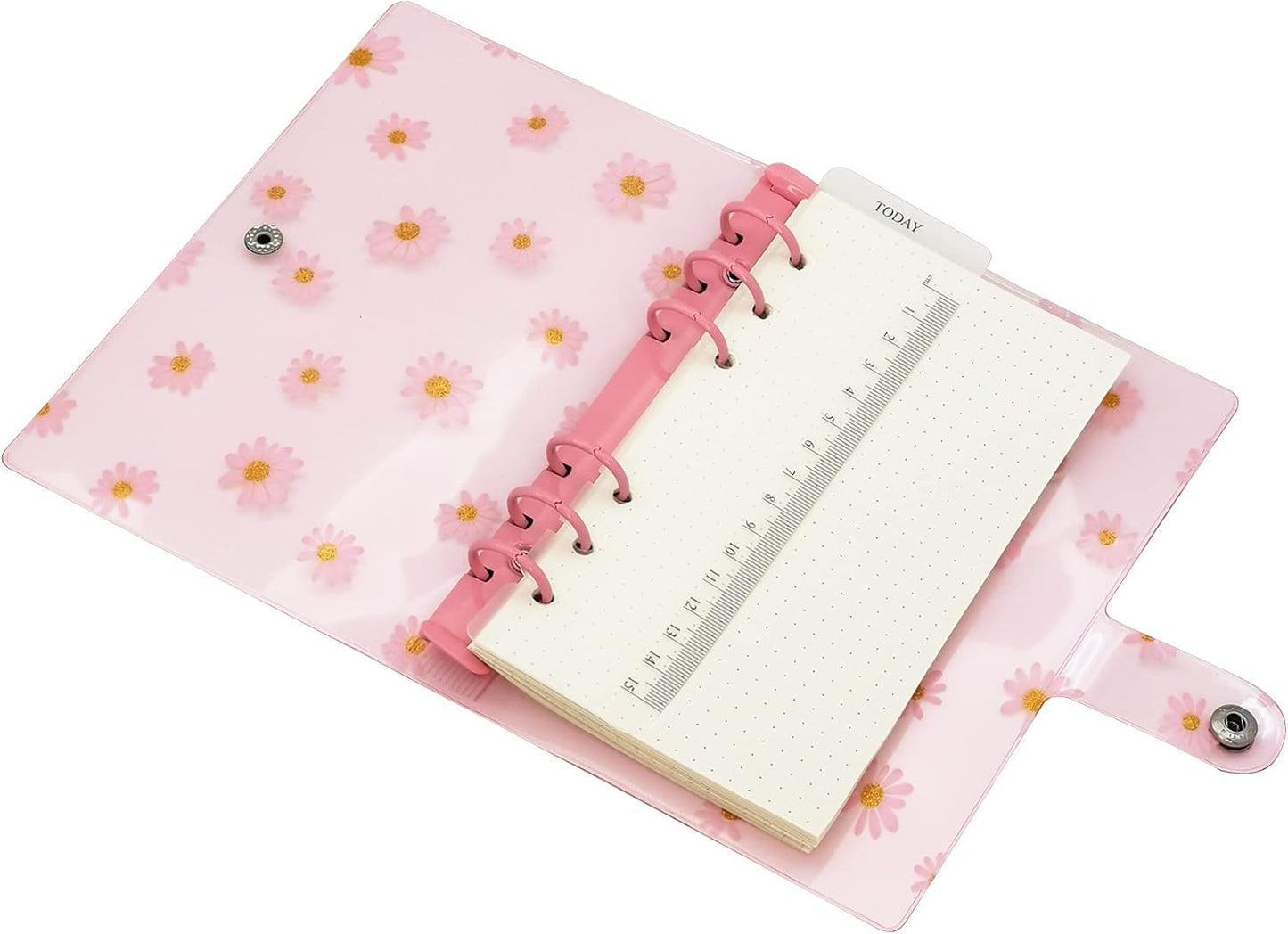 A6 A5 6-Holes Colorful PVC Cover Round Ring View Binder with Snap Button Closure File Folder for Loose Leaf Sheet Protectors Notebook Refill (Pink Daisy, A5 Mini Set) - Colors A