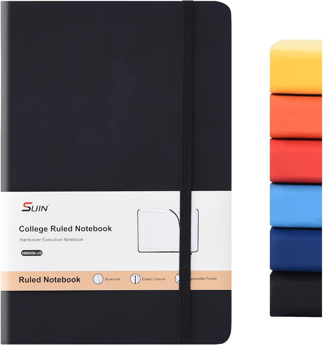 SUIN Hardcover-Journal-Notebooks, A5 Lined Journals Notebook for Writing 200 Pages, 8.2 x 5.5 inch, Classic Ruled Notebooks for Work/Travel/College (Black- 1 Pack)