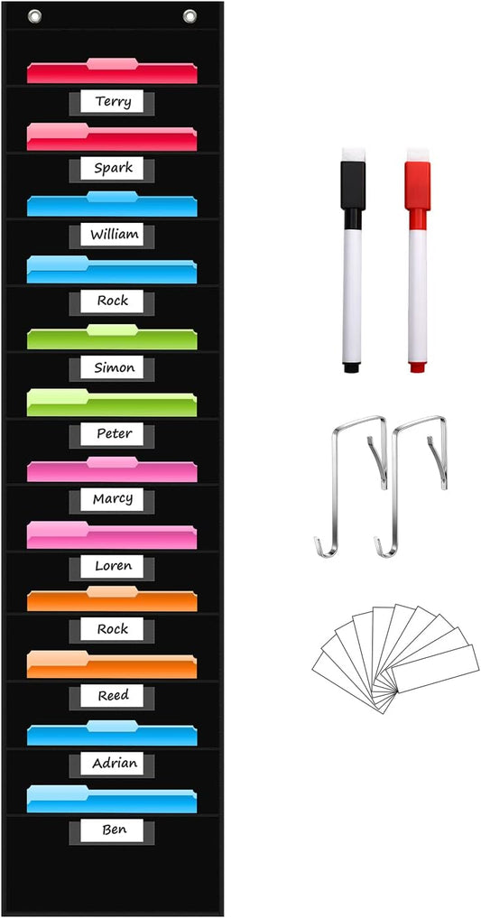 REGELETO 24 Pockets File Storage Pocket Chart with 24 Nametag Pockets, Hanging Wall File Organizer for Classroom and Office, Organize Your Assignments, Files, Scrapbooks, Paper (Black-24 pockets)