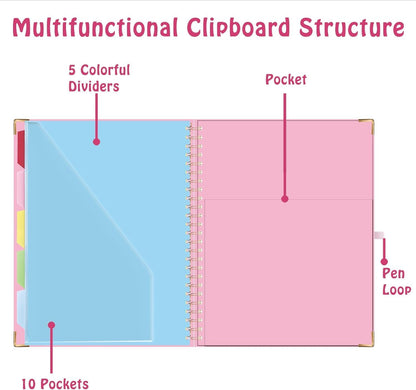 HAUTOCO Clipboard Folio with Refillable Notepad for Letter Size (11" x 8.5"), 5 Dividers with 10 Pockets, Elastic Pen Holder and File Folder Labels, Spiral Nurse Clipboard Artboard(Green)