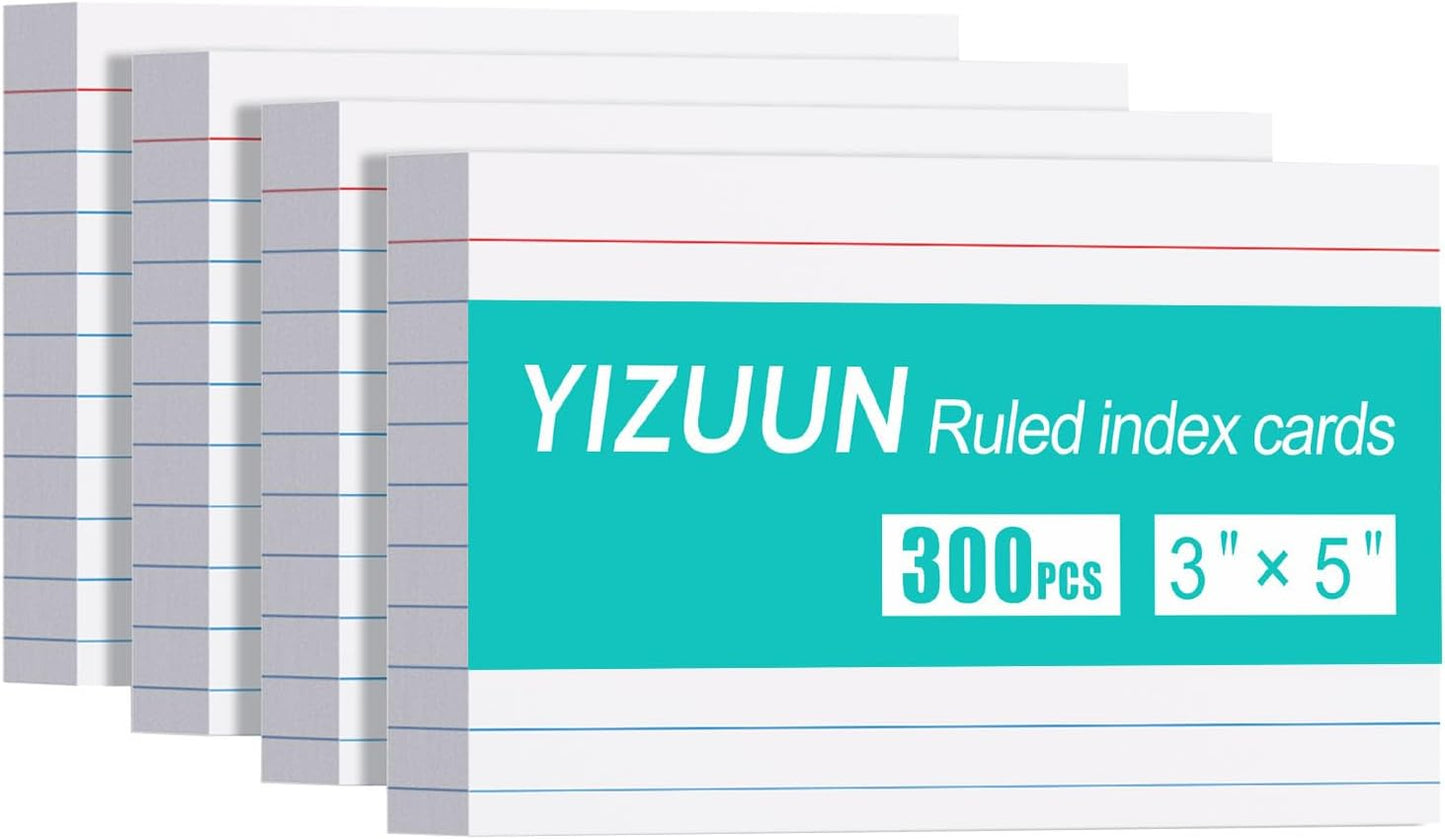 YIZUUN Index Cards 3x5, Flash Cards with Ring, 200 PCS, Ruled Note Cards, Flash Cards for Studying, 4 Packs of 50 sheets, 3x5 Note Cards for Office, Home, School