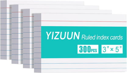 YIZUUN Index Cards 3x5, Flash Cards with Ring, 200 PCS, Ruled Note Cards, Flash Cards for Studying, 4 Packs of 50 sheets, 3x5 Note Cards for Office, Home, School