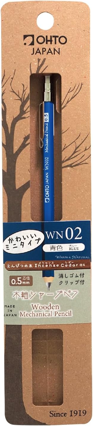 OHTO WN02 Wooden Mechanical Pencil, 0.5mm Fine Point, Mini-Sized Barrel with Clip, Blue Body, Made from Incense Cedar, WN02-SP5-BL