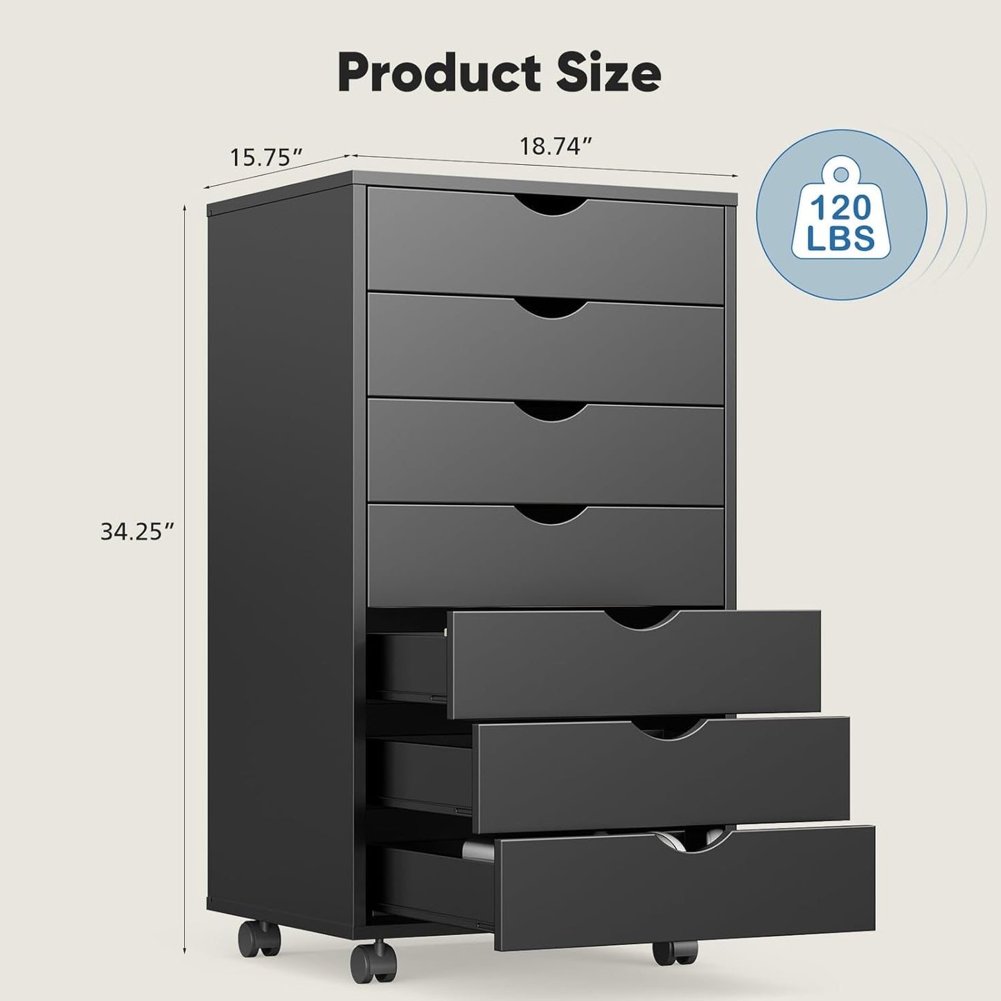OLIXIS 5 Drawer Mobile File Cabinet Under Desk Storage Organization with Wheels Vertical Filing Chest Rolling Wood Small Desk Printer Stand for Home Office, 15.75"D x 18.74"W x 25.39"H, Black