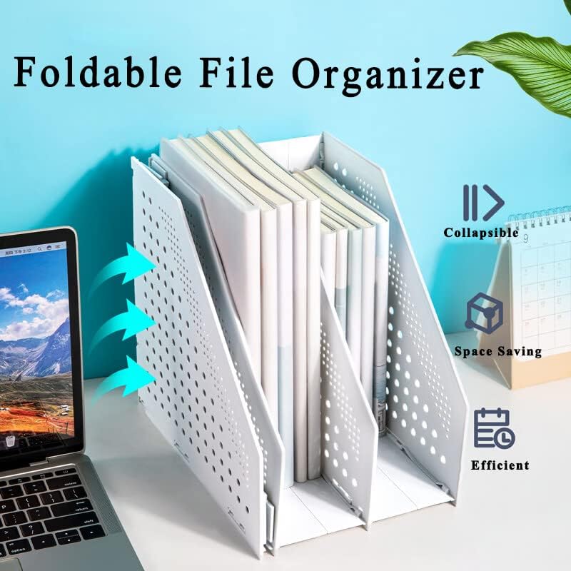 Marte Vanci Collapsible Magazine File Holder with 4 Vertical Compartments, Binder Holder for Desk, Desktop Binder Organizer for Notebook, Documents, Book, School Office Supplies(Light Gray)