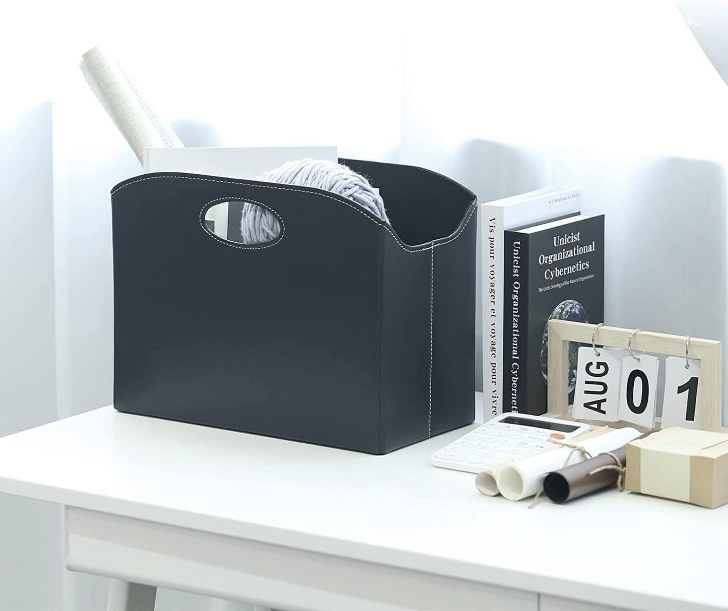 EZDeco Magazine Holder Foldable Magazine Rack Floor PU Leather File Holder Newspaper Book Storage Magazine Basket Document File Folder Organizer for Office Home (Black)