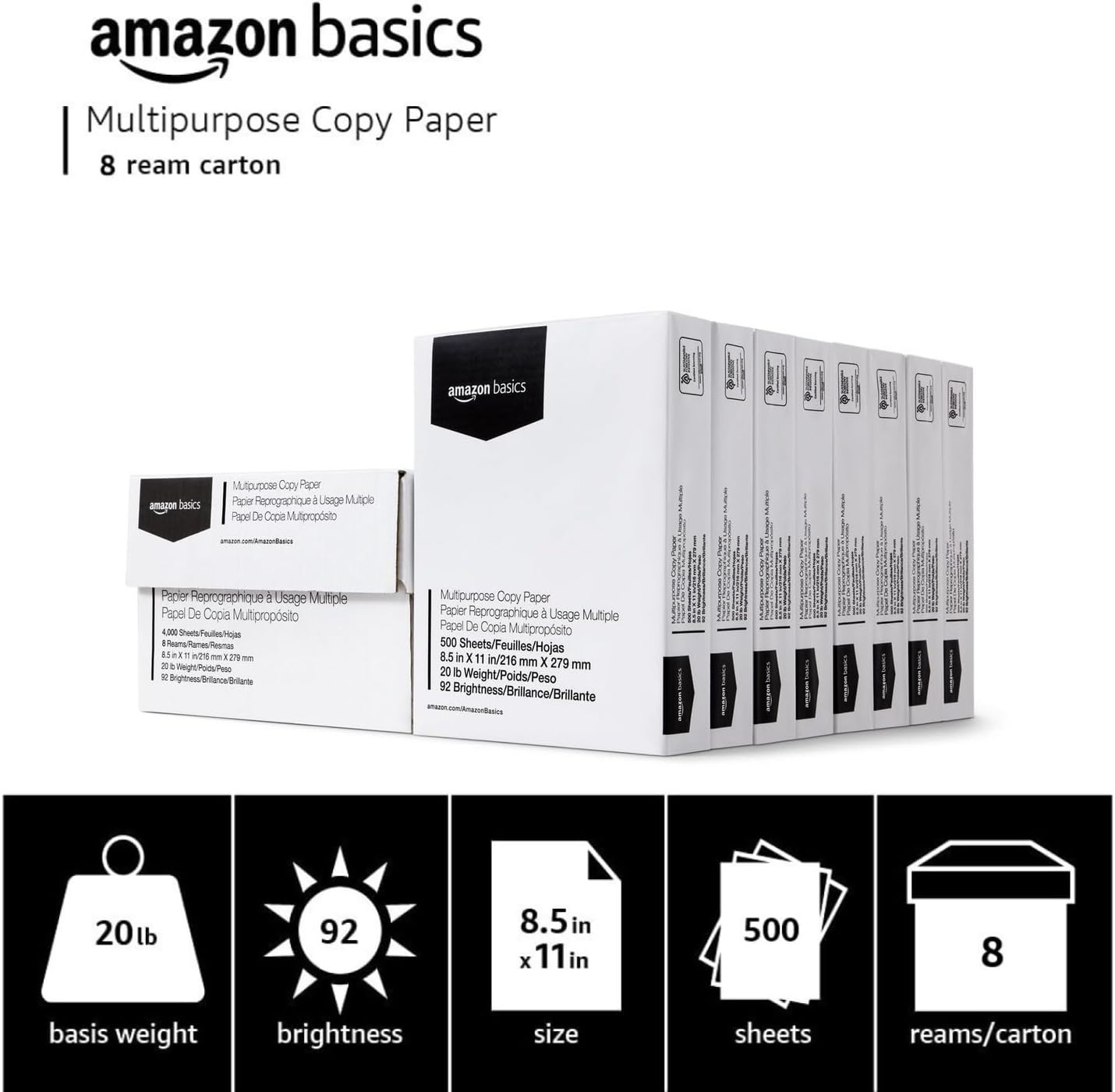 Amazon Basics Multipurpose Copy Printer Paper, 20 lb, 8.5 x 11 Inches, 10 Reams (5,000 Sheets), 92 Bright White