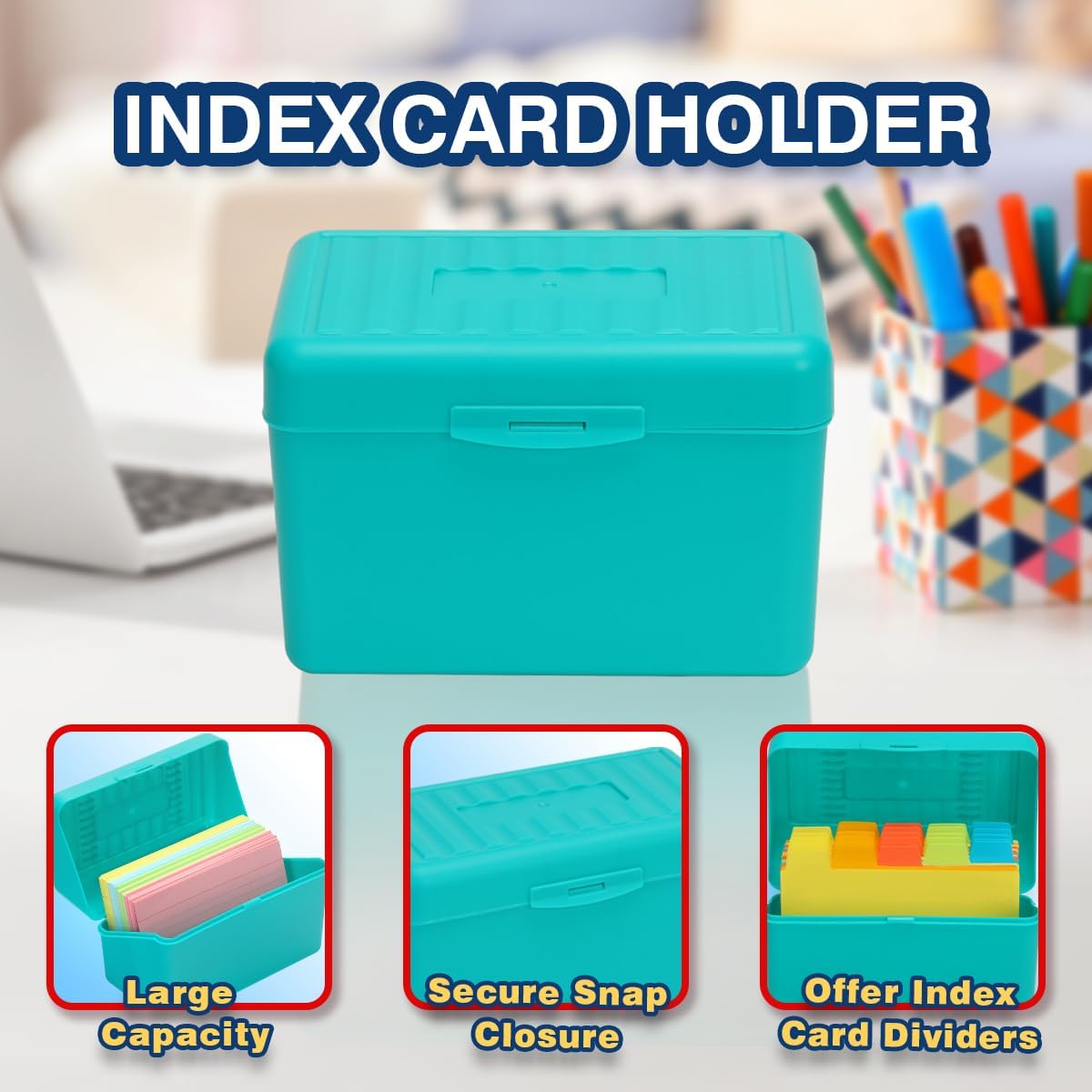 H4D Index Card Holder 3x5 Inches with 25 Plastic Dividers, Black