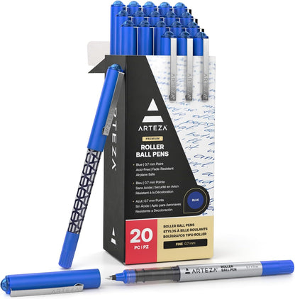 ARTEZA Rollerball Pens, 20 Pack Black Roller Ball Pens, 0.5 mm Needle Point Extra Fine Tip, Quick-Dry Fade-Resistant Liquid Ink for Note-Taking, Bullet Journals, Planners, and Office Use
