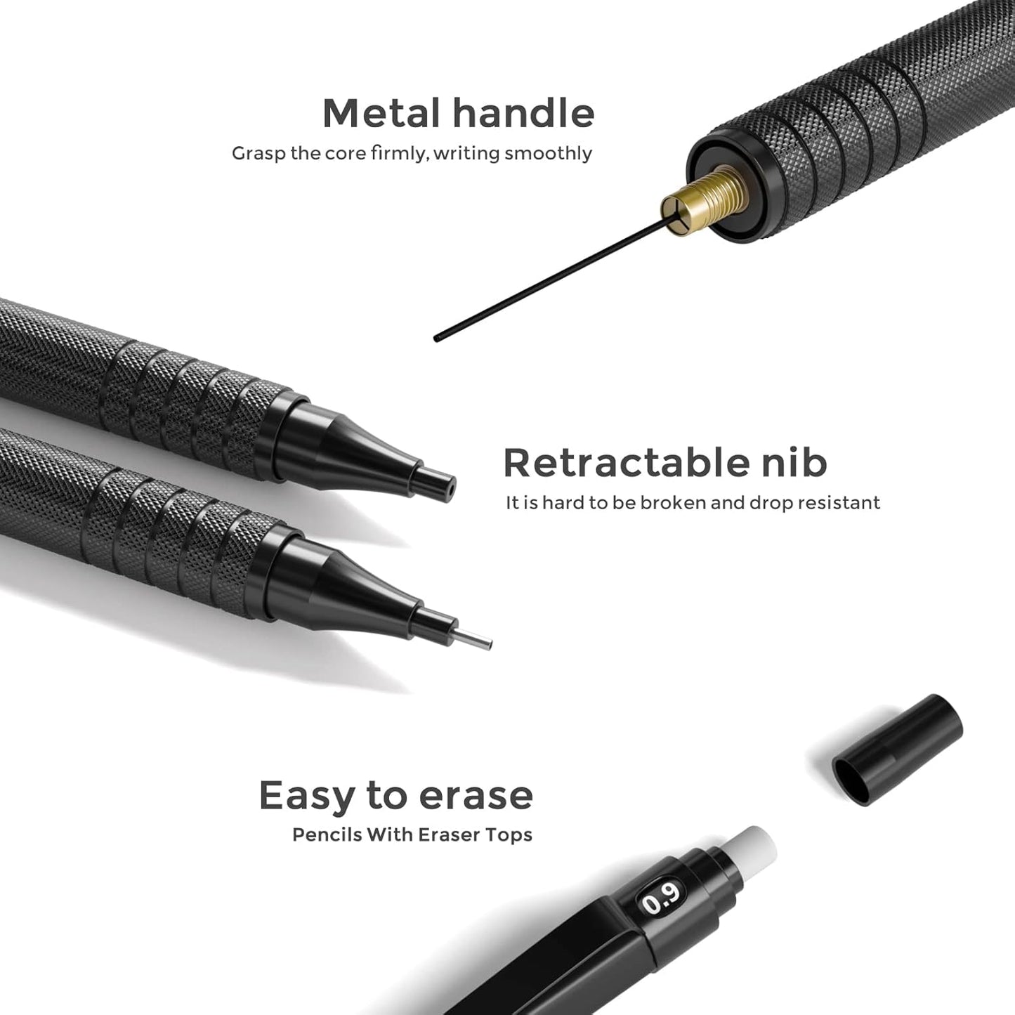Nicpro 0.5 mm Mechanical Pencils Set with Case, 3 Metal Artist Pencil With 480PCS HB Lead Refills, 3 Erasers,9 Eraser Refills For Architect Art Writing Drafting, Drawing, Engineering, Sketching, Black