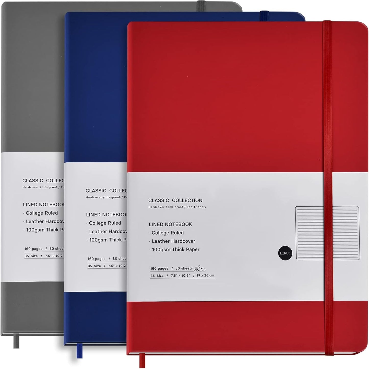 Coopay 3 Pack B5 Journal Notebooks Classic College Ruled Notebooks Hardcover Lined Journals for Office Home School Business Writing Note Taking, 10.2 x 7.5 inch, 100GSM Thick Paper, 160 Pages (Black)
