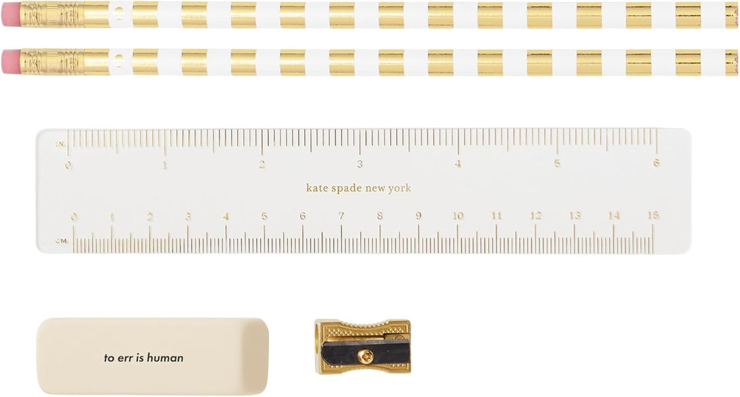 kate spade new york Pen and Pencil Case with Office Supplies, Zip Pouch Includes 2 Pencils, Sharpener, Eraser, and Ruler, Polka Dots (black/white)