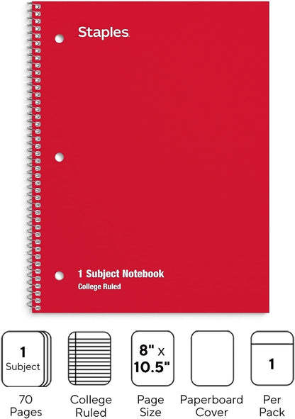 STAPLES 1‑Subject Spiral Notebook, 8” x 10.5”, College Ruled, 70 Sheets, Assorted Colors, 6‑Pack