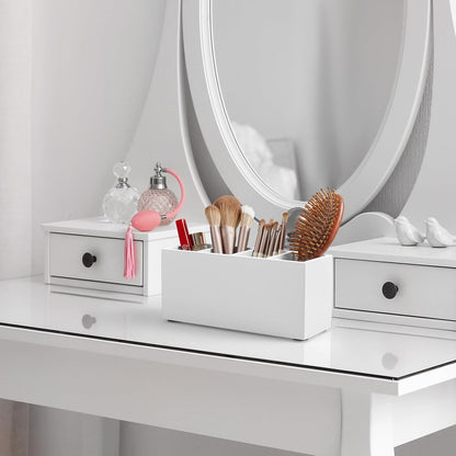 Bivvclaz Pencil Pen Holder for Desk, Wooden Office Desk Organizers and Accessories with 4 Slots for Countertop, Makeup Brush Holder Organizer for Bathroom Vanity, Silverware Caddy for Party, White