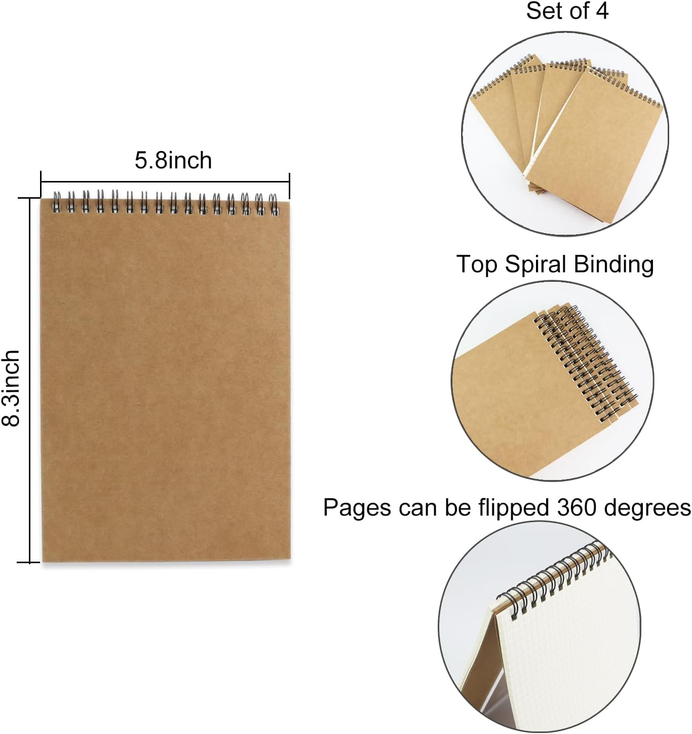 4 Pack Graph Paper Notebook, A5 Top Wirebound Grid Spiral Notebook 5.8" x 8.3",60 Sheets,5mm x 5mm Grid Paper,Grid Notepad for Students, Math, Engineering (Black)