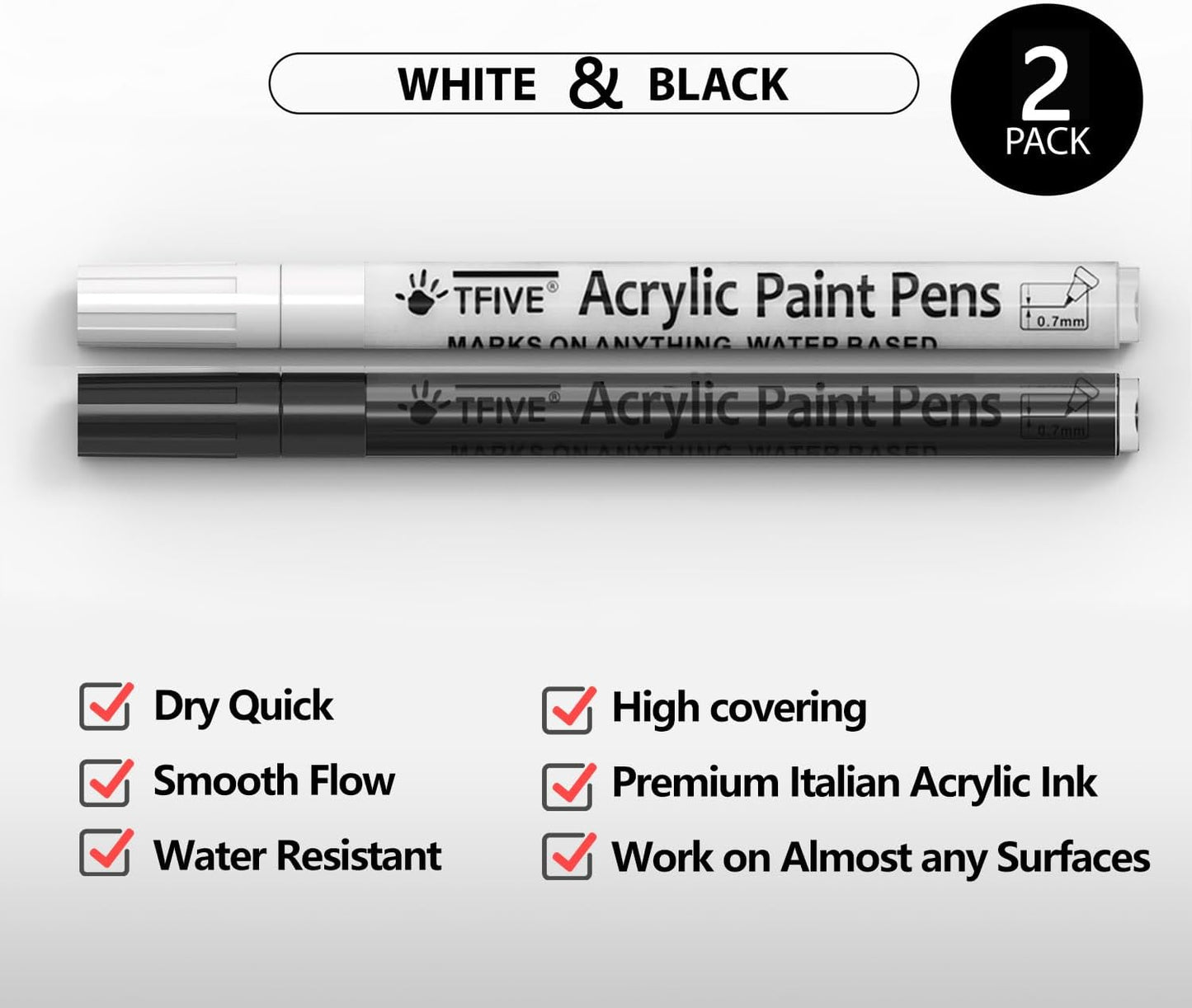 TFIVE White Paint Marker Paint Pens - 2 Pack Acrylic Permanent Marker, 0.7mm Extra Fine Tip Paint Pen for Art Projects, Drawing, Rock Painting, Ceramic, Glass, Wood, Plastic, Metal, Canvas DIY Crafts
