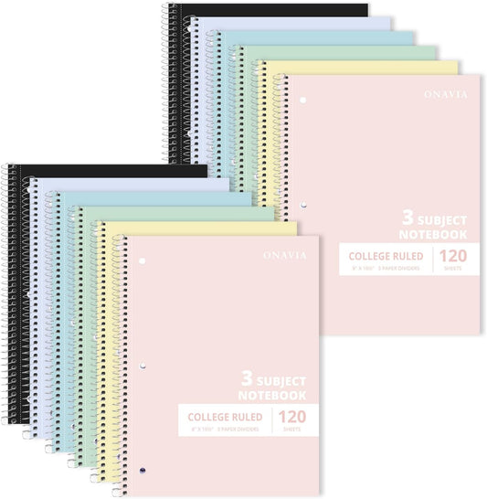 ONAVIA 3 Subject Spiral Notebook, 5 Pack, College Ruled, 8 x 10.5 in, 120 Sheets, 3-Hole Punched with Dividers and Double-Sided Pockets for School, Study, Homework, Assorted Colors