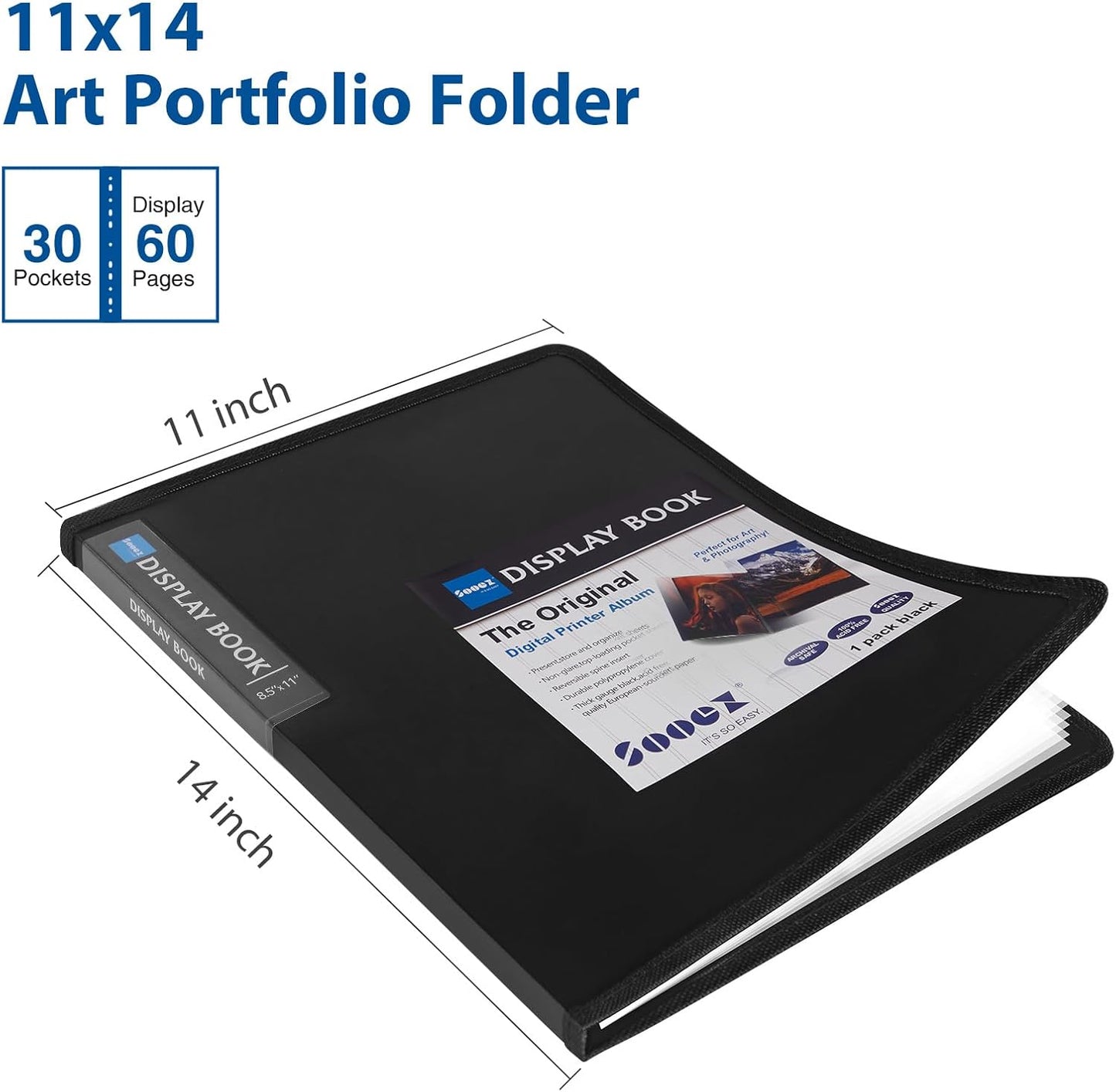 Sooez Art Portfolios 11"x17", Large Portfolio Folder with 30 Pockets & Black Inner Sheets, Display 60 Pages, 11 x 17 Presentation Book for Artwork Storage, Binder with Plastic Sleeves for Artist