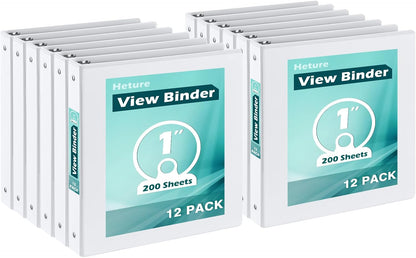 Heture 3 Ring Binder 1 Inch 12 Pack, 1" Clear View with Round Rings, PVC-Free,Holds for 200 Sheets 8.5“ x 11" US Letter Size Paper, Durable White Binders Perfect for Office,School and Home