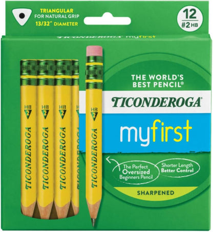 Ticonderoga My First Half-Size Wooden Pencils, Large Triangle-Barrel Pre-Sharpened #2 (HB) Short 4.5" Yellow Pencils with Erasers, Yellow, 12/Pack