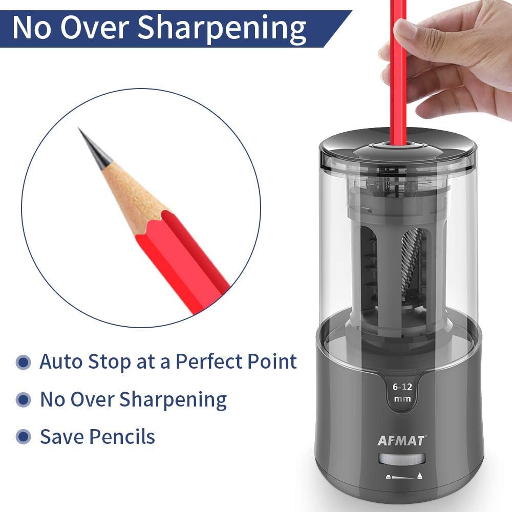 AFMAT Electric Pencil Sharpener, Auto Stop, Super Sharp & Fast, Electric Pencil Sharpener Plug in for 6-12mm No.2/Colored Pencils/Office/Home PS94