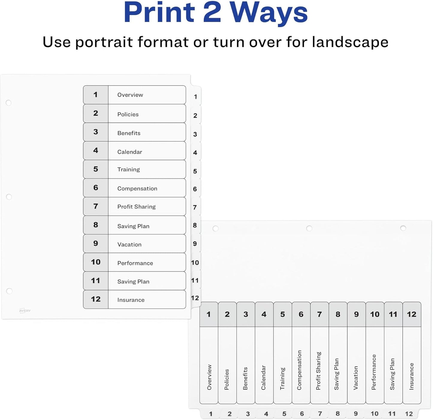 Avery Dividers for 3 Ring Binders, 12 Tabs per Set, Customizable Table of Contents, Classic White Tabs, Great for Organizing Reports, Projects, and More (11140)
