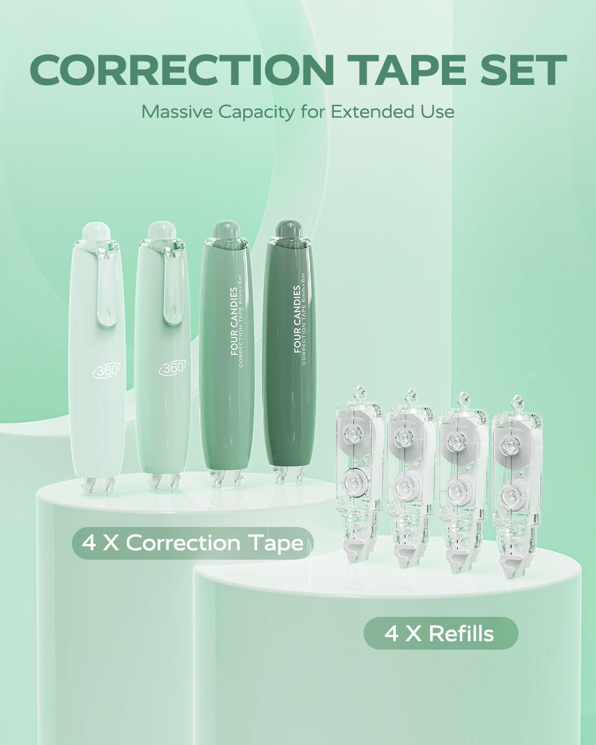 Four Candies Refillable Retractable White Correction Tape, 4PCS Smooth White Pull-Out Tape with 4 Extra Refills, Easy to Use Applicator for Instant Corrections for Office, School Supplies (Purple)