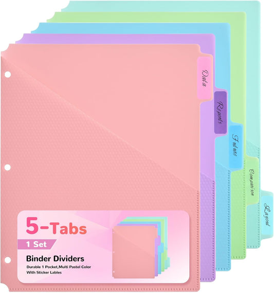 SUIN 5-Tab Binder Dividers with Pockets - Heavy Duty Plastic Dividers for 3 Ring Binder, Letter Size Poly Page Separators with Tabs & Label Stickers, Diamond Texture, 5 Pastel Colors, 2-Pack