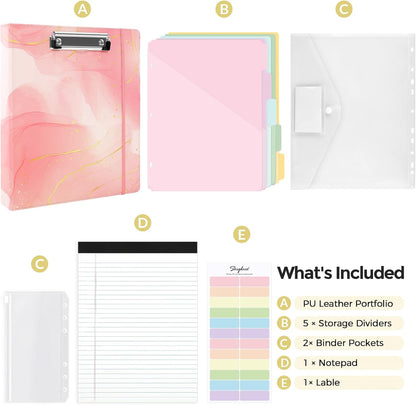 SKYDUE 1 Inch 3-Ring Binder with Clipboard, PU Aesthetic Binder with 5 Dividers, Notepad, Stickers & Pockets for Work and School (Letter Size)