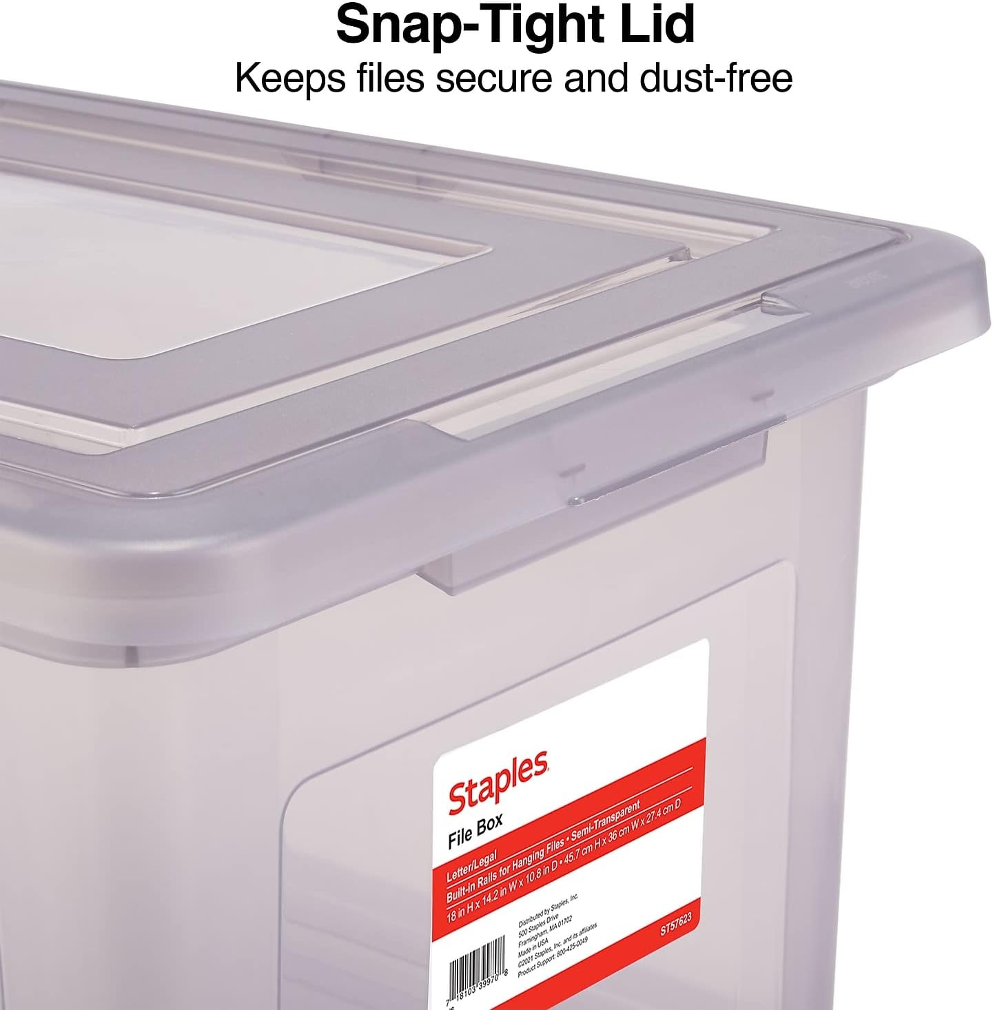 STAPLES File Folder Tote, Portable Filing Box for Letter SIze Hanging Folders, Security Latch & Built-In Lid Organizer, Black/Clear