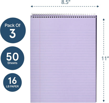 Roaring Spring Covered Spiral Legal Pads, 3-Pack, 8.5"x11.5", 50 Sheets, Recycled, Purple Colored Paper, Lay flat Wire Bound, Ruled, Protective Cover