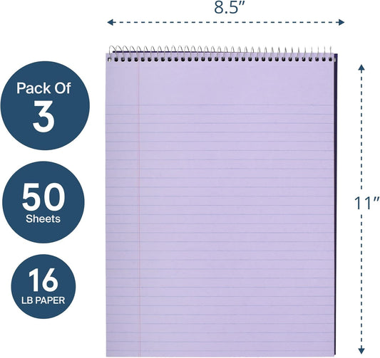 Roaring Spring Covered Spiral Legal Pads, 3-Pack, 8.5"x11.5", 50 Sheets, Recycled, Purple Colored Paper, Lay flat Wire Bound, Ruled, Protective Cover