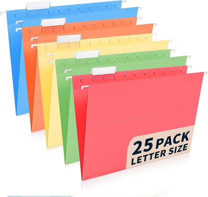 25-Pack Green Hanging File Folders, Letter Size (8.5" x 11") with 1/5-Cut Tabs,Includes 35 Transparent Label Cards & 50 Sticker Labels for Home & Office Organization