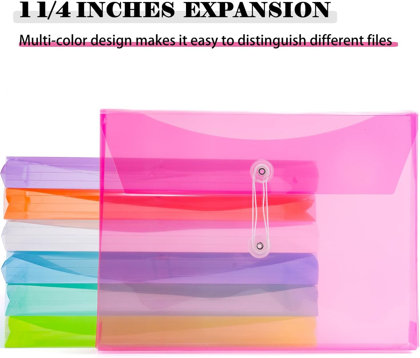 A4 Letter Size Plastic Poly Envelopes with Button and String Tie Closure, 1-1/4" Expansion Clear File Folders Side Loading Documents Organizer for Home School and Office Supplies (7)