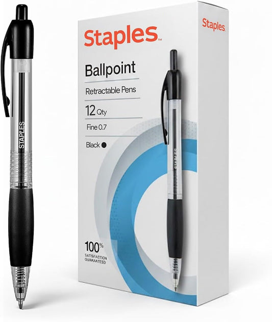 STAPLES Retractable Ballpoint Pens, Fine Point, Black Ink, 12 Pack – Smooth, Reliable Writing Pens for Office & School Use