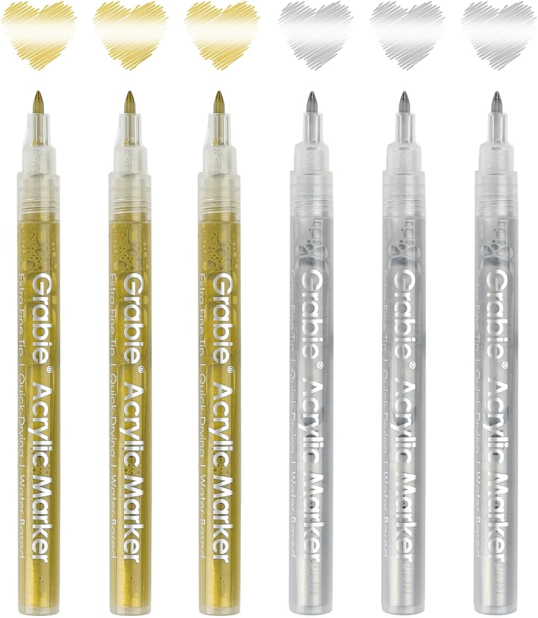 Grabie Black & White Extra Fine Tip Acrylic Paint Marker Set, 6 Pack, 0.7mm Acrylic Paint Pens for Highlights and Fine Details on Drawings, Rock Painting Glass Canvas Wood, White Highlight Markers